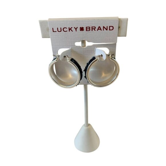 Matte Silver Toned Denim Hoop Earrings - Picture 5 of 5